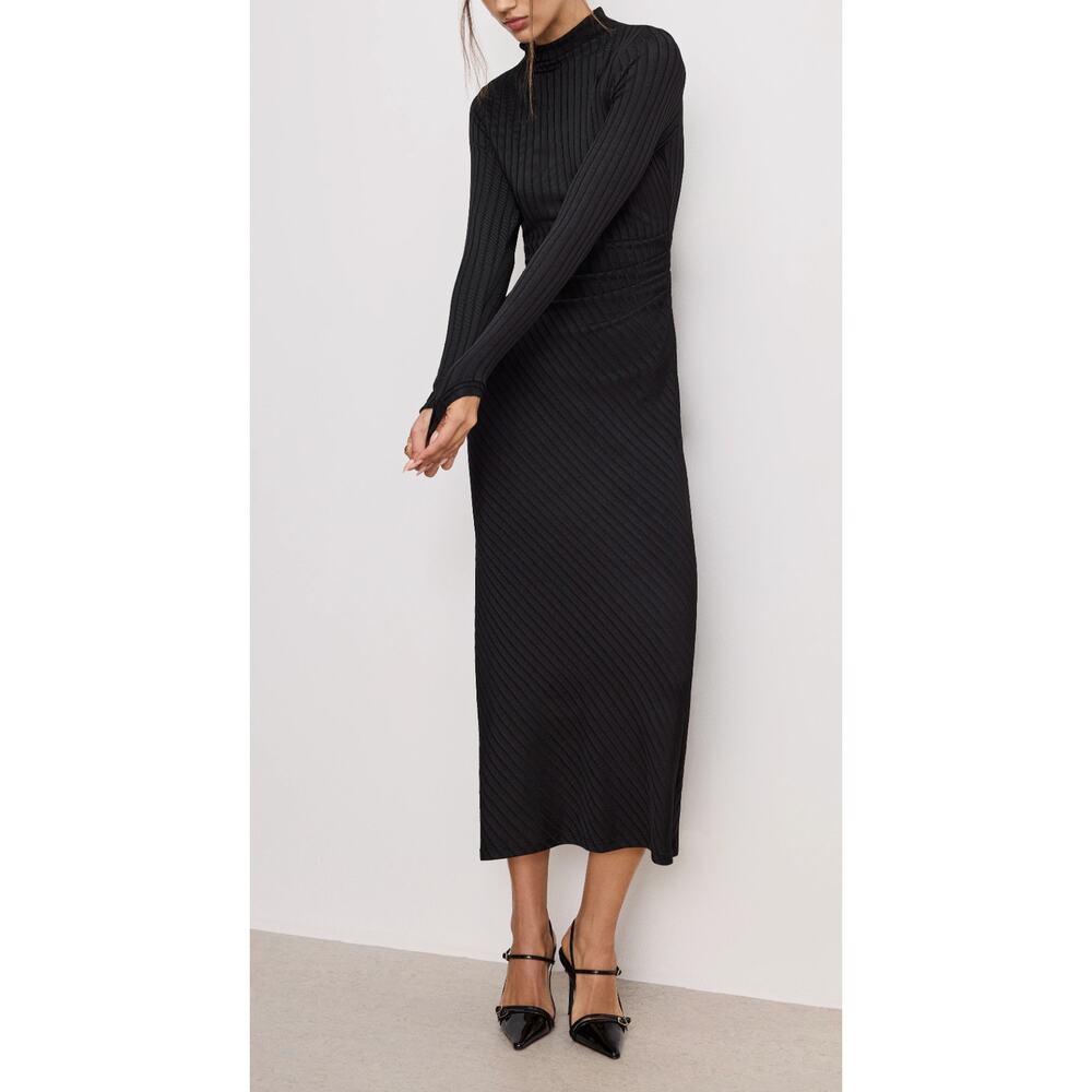 Good American Black Rib Funnel Neck Long Sleeve Midi Dress Size XS